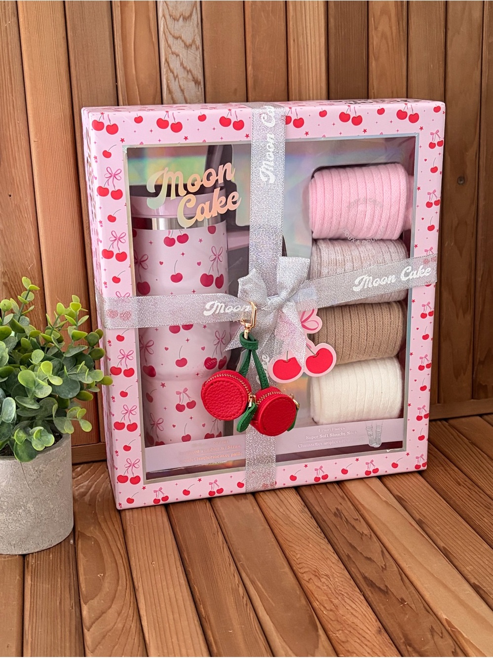 Moon Cake Cherry Tumbler Slouchy Socks Gift Set and Cherry Keychain